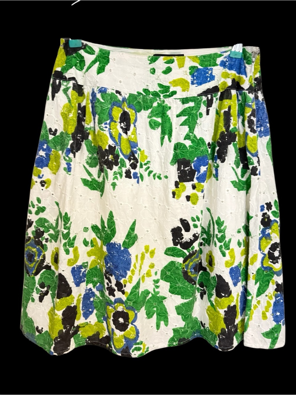 A-Line Floral Eyelet Skirt in White, Green & Blue